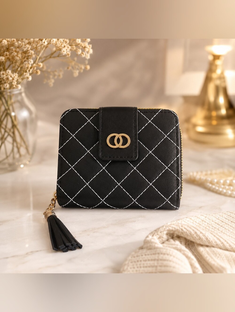 Black Quilted Wallet with Tassel - Elegant Women's Wallet